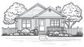 Black and White Sketch of a Charming House with Trees and Fence, Exterior View Royalty Free Stock Photo