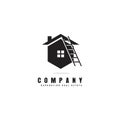 Simple house with ladder logo design, creative business reparation real estate logo concept, black and white roofing repairs