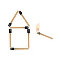 Simple house made of matches and burning match trying ignite roof eps10 Royalty Free Stock Photo