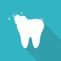 A simple icon of a clean shiny healthy tooth with foam and glitter in a flat style.