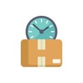 Clock resting on a cardboard box symbolizing fast delivery time Royalty Free Stock Photo
