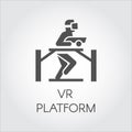 Simple icon in flat design of technology device game virtual reality. Vector logo of man in VR helmet gaming on platform