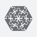 Simple icon hexagon puzzle in gray. Simple icon puzzle of the twelve elements and center on transparent background for your web s