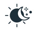 Simple icon in line art style with sun, half-moon and stars. Change of day and night concept. Linear flat vector Royalty Free Stock Photo
