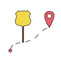 Simple icon. Path and route with location point and highway sign