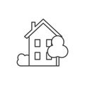 A simple icon of a two-storey house with a tree and a bush. A linear image of a house with four windows and a sloping