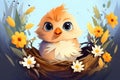 Simple icon of a yellow chick in a nest on a blue background. Symbol of spring Royalty Free Stock Photo