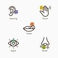 Simple icons with color accent for the basic five human senses - hearing, touch, taste, sight and smell Royalty Free Stock Photo