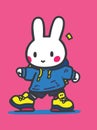 A simple illustrated bunny wearing blue hoodie and yellow shoes. Learning skating. Kids storybook.