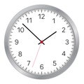 Simple illustration of clock face with minute, hour and second hand and red center with numbers. Metal circular trim. Isolated on