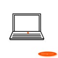 A simple illustration of a drop shadow line drawing a laptop with an orange on button, a flat line icon for a website, banner, pos Royalty Free Stock Photo
