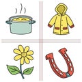 Simple drawings of everyday objects like a cooking pot, raincoat, flower, and horseshoe Royalty Free Stock Photo
