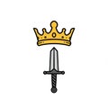 A simple illustration features a yellow crown with rounded tips and a gray sword with a Royalty Free Stock Photo