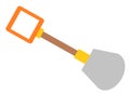 A simple illustration of a grey blade shovel with brown shaft and orange handle white backdrop