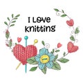 Simple illustration with knitting needle, knitting and english text. I love knitting, poster design. Colorful background