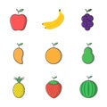 simple illustration set fruit icon with apple, banana, grape, mango, orange, pear, pineapple, strawberry and watermelon flat Royalty Free Stock Photo