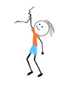 Simple illustration of smiling climber hang by hand on rock. Orange shirt, blue shorts.
