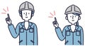 Simple illustrations of men and women wearing work clothes and pointing