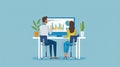 Simple illustratrion design of man and woman in corporate office sitting at desk looking at graph on computer Royalty Free Stock Photo