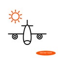 A simple image of an airplane carrying vacationers and an orange sun, a flat line icon for a travel agency