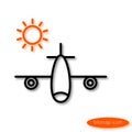 A simple image of an airplane carrying vacationers and an orange sun, a flat line icon for a travel agency