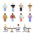 Simple images of people in different poses with different movements of hands sitting at a table with laptops. Office