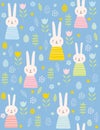 Cute Easter Rabbits Vector Pattern. Lovely Pink Bunnies and Eggs on a Blue Background.