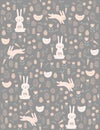 Cute Easter Theme Vector Pattern. Lovely Hand Drawn Rabbits and Hens on a Brown Background.