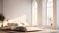 Simple interior design of modern bedroom with comfortable bed, wooden floor, white wall and light pours from the large window Royalty Free Stock Photo