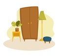 Simple interior illustration with wardrobe, floor lamp, bedside table and home plant. Vector cartoon collection of furniture Royalty Free Stock Photo