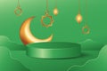 Simple Islamic 3d pedestal stage decoration in green background with hanging lantern and golden crescent moon