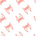 Simple isolated seamless seafood pattern with pink pastel crabs. Animal ornament on white background