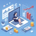 simple isometric design, businesswoman counting production cost with laptop and money