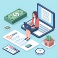 simple isometric design, businesswoman with online loan on laptop with money