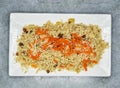 Simple kabuli pulao served in dish isolated on background top view of indian spices and pakistani food