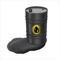 Black metal barrel and spilled oil. Royalty Free Stock Photo