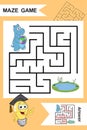 Simple Labyrinth with funny Hippo isolated on colorful background. Find right way to the Lake. Entry and exit. With Answer.