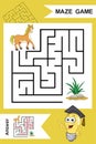 Simple Labyrinth with funny Horse isolated on colorful background. Find right way to the Grass. Entry and exit. With Answer.