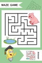 Simple Labyrinth with funny Pig isolated on colorful background. Find right way to the Lake. Entry and exit. With Answer.