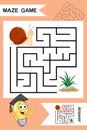 Simple Labyrinth with funny Snail isolated on colorful background. Find right way to the Grass. Entry and exit. With Answer.