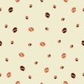 Simple laconic seamless pattern with scattered brown coffee beans on a warm light-yellow ivory background