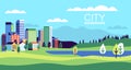 Simple landscape with buildings. Urban skyline residential houses, green trees and hill, summer cityscape banner