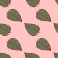 Simple leaf ornament seamless pattern. Green floral shapes with red contour on light pink background Royalty Free Stock Photo