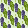 Simple leaves silhouettes seamless doodle pattern. Purple and green botanic ornament on light background Royalty Free Stock Photo