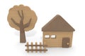 Wooden house. Countryside view. Wooden toys. 3D rendering