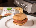 Simple Life Emerge plant based burger in on gluten free bun with melted cheese
