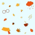 Simple light blue autumn background with fall elements. Repeated pattern. Cartoon flat autumn leaves, glasses, scarf