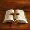 a simple light oak colored cross on a open bible .