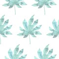 Simple light seamless pattern with watercolor palm leaves on white. Hand painted texture with tropical leaf Royalty Free Stock Photo