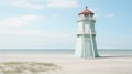 Simple lighthouse on empty sand beach by the sea. Calm coastal landscape on a warm summer day. Generative AI Royalty Free Stock Photo
